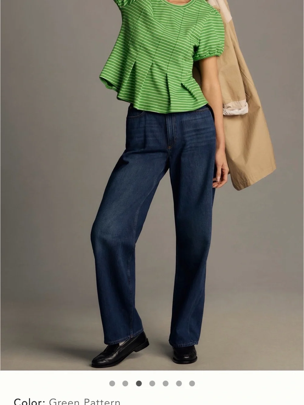 Anthropologie Green Striped Puff-Sleeve Peplum Top